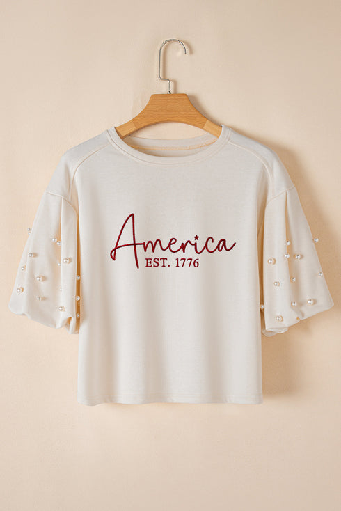 White America EST 1776 Embroidered Pearl Beaded Sleeve T Shirt