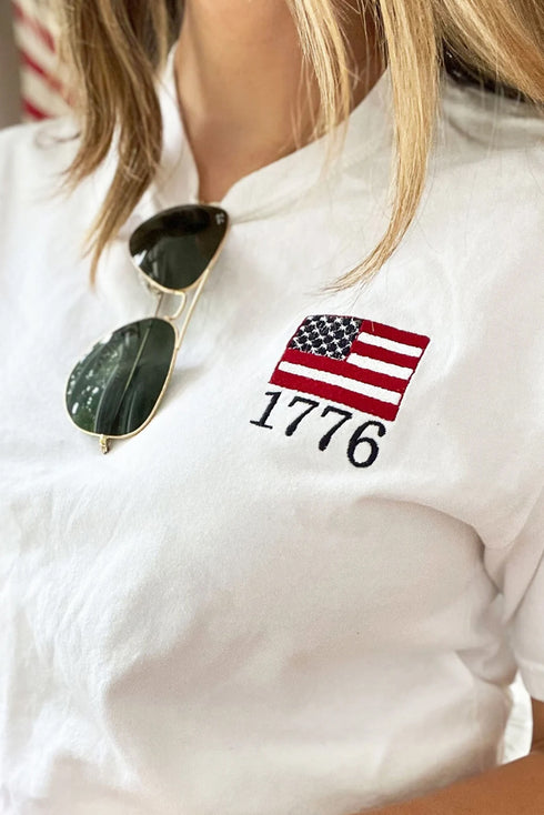 White American Flag 1776 Embroidered Pattern Crew Neck Tee