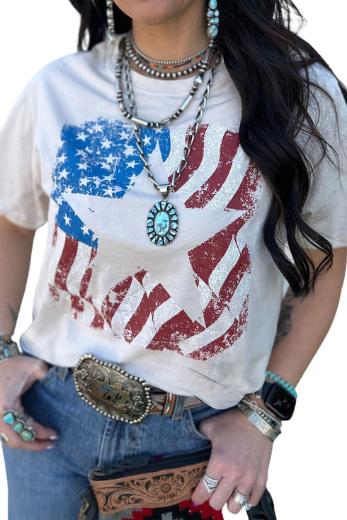 White American Flag Star Graphic Print Crew Neck T Shirt