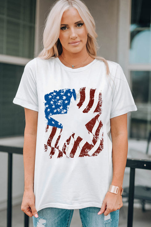 White American Flag Star Graphic Print Crew Neck T Shirt