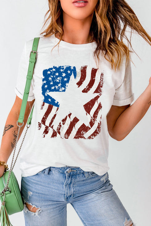 White American Flag Star Graphic Print Crew Neck T Shirt