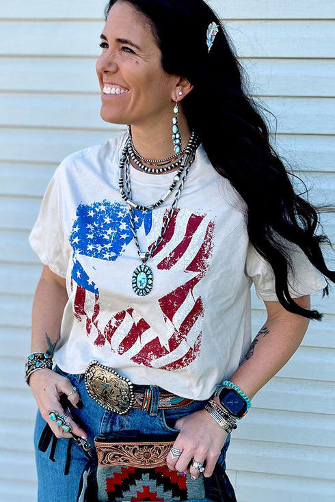 White American Flag Star Graphic Print Crew Neck T Shirt