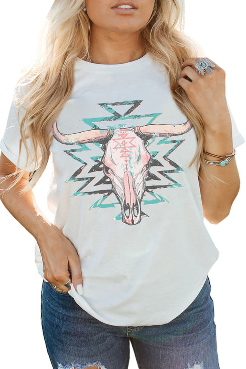 White Aztec Steer Skull Graphic Casual T Shirt