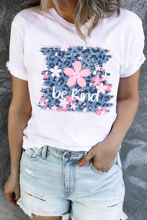 White Be Kind Cherry Blossoms Leopard Print Short Sleeve T Shirt