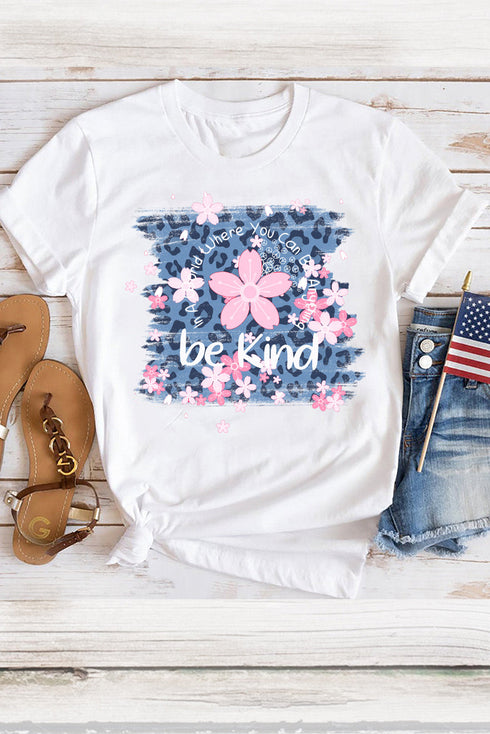 White Be Kind Cherry Blossoms Leopard Print Short Sleeve T Shirt