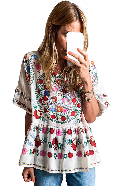 White Boho Floral Print Round Neck Ruffle Trim Blouse