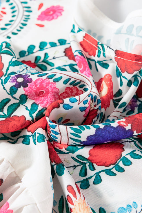 White Boho Floral Print Round Neck Ruffle Trim Blouse