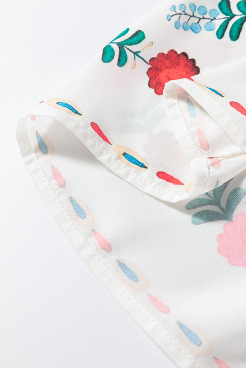 White Boho Floral Print Round Neck Ruffle Trim Blouse