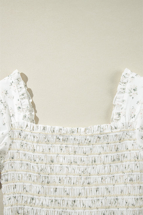 White Boho Floral Smocked Wide Leg Short Puff Sleeve Jumpsuit