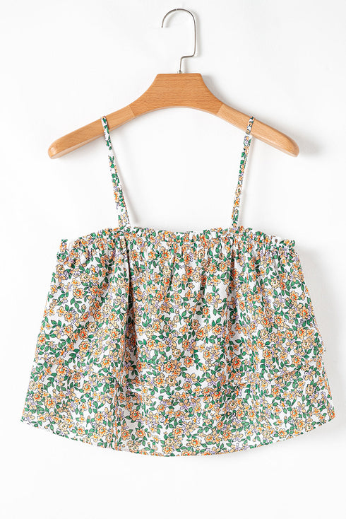 White Boho Floral Spaghetti Strap Ruffle Summer Tank Top