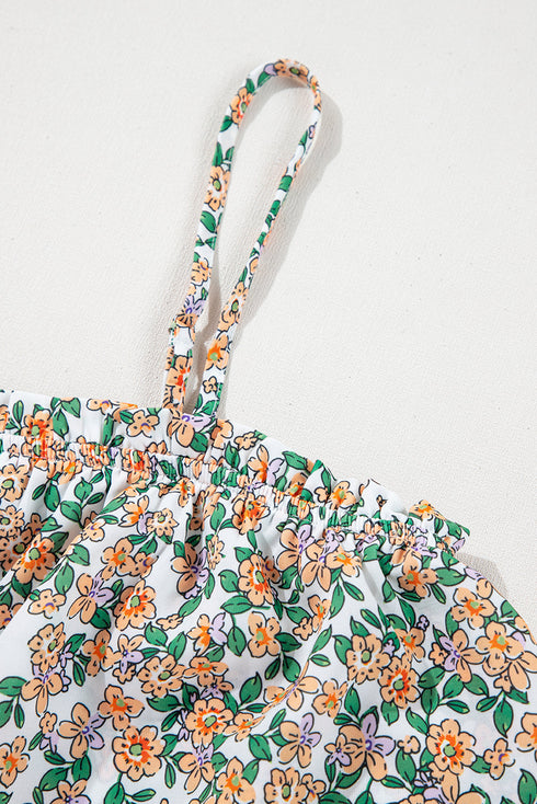 White Boho Floral Spaghetti Strap Ruffle Summer Tank Top
