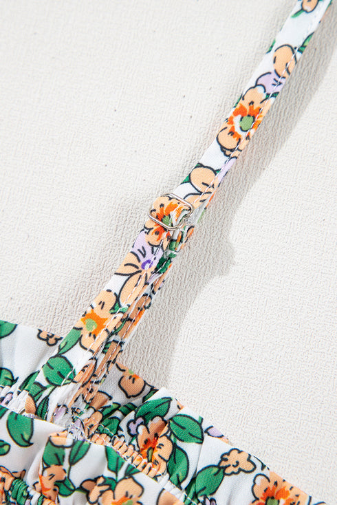 White Boho Floral Spaghetti Strap Ruffle Summer Tank Top