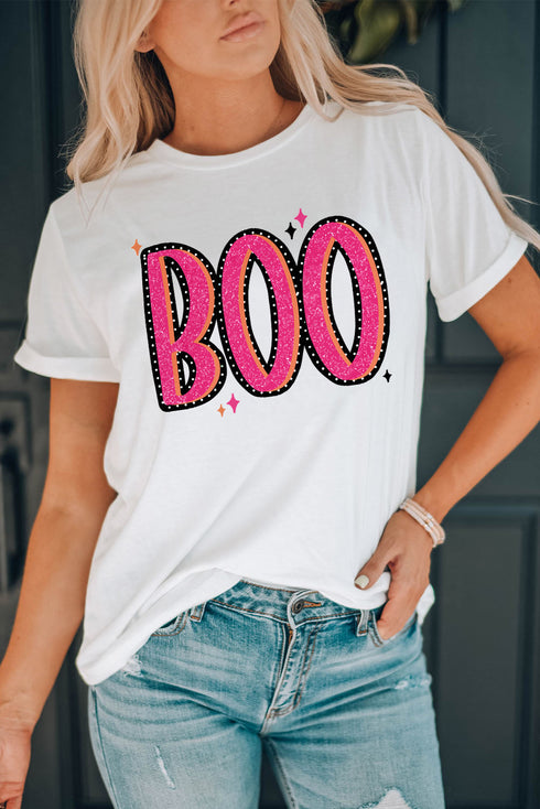 White BOO Crew Neck Graphic T Shirt