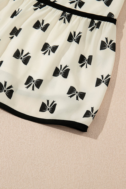 White Bow Knot Color Contrast Trim Knotted Shoulder Mini Dress