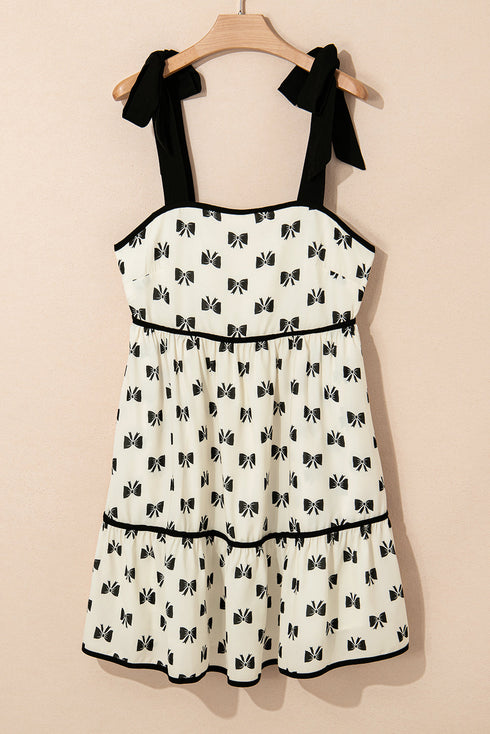 White Bow Knot Color Contrast Trim Knotted Shoulder Mini Dress