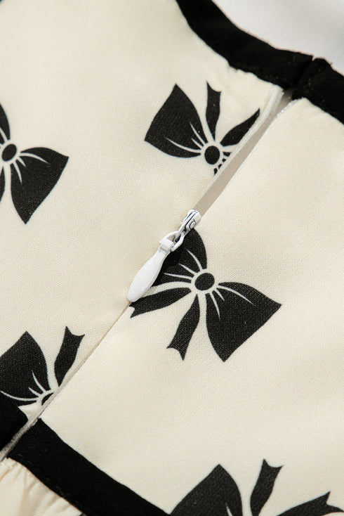 White Bow Knot Color Contrast Trim Knotted Shoulder Mini Dress