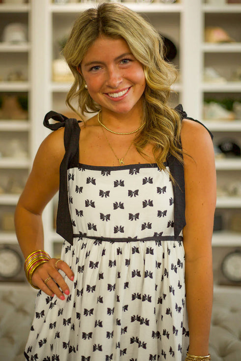 White Bow Knot Color Contrast Trim Knotted Shoulder Mini Dress