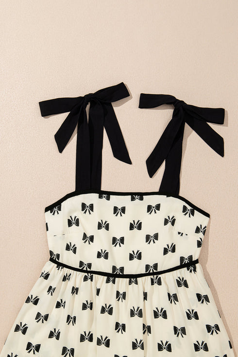 White Bow Knot Color Contrast Trim Knotted Shoulder Mini Dress