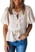 White Bow Tie Short Puff Sleeve Ruffle Hem Blouse