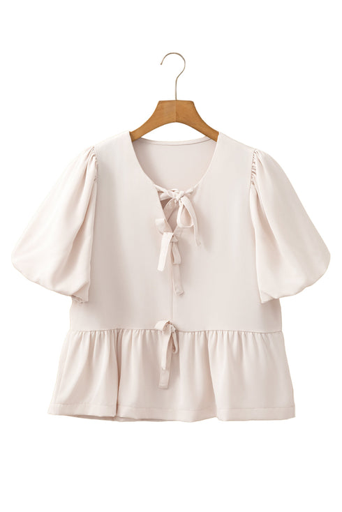 White Bow Tie Short Puff Sleeve Ruffle Hem Blouse