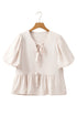 White Bow Tie Short Puff Sleeve Ruffle Hem Blouse