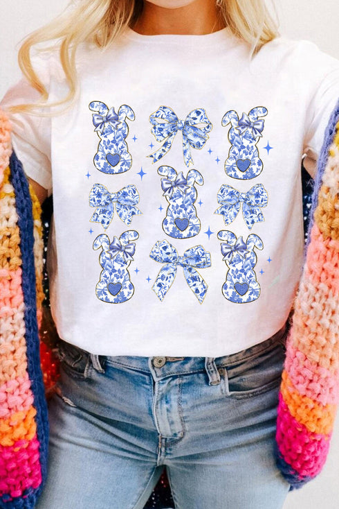 White Bowknot Bunny Graphic Easter Fashion T Shirt
