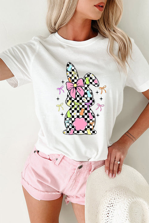 White Bowknot Checkerboard Bunny Graphic Easter T Shirt