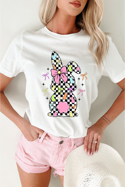 White Bowknot Checkerboard Bunny Graphic Easter T Shirt