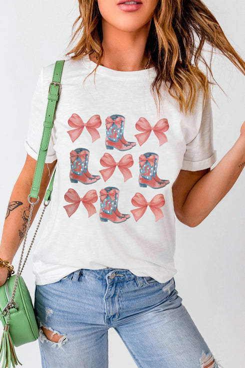 White Bowknot & Cowgirl Boots Graphic Tee