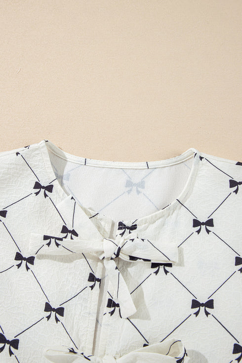 White Bowknot Print Front Knots Bubble Sleeve Blouse