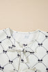 White Bowknot Print Front Knots Bubble Sleeve Blouse