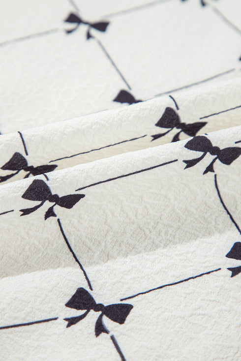 White Bowknot Print Front Knots Bubble Sleeve Blouse