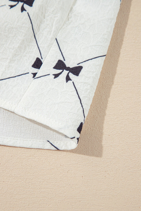 White Bowknot Print Front Knots Bubble Sleeve Blouse