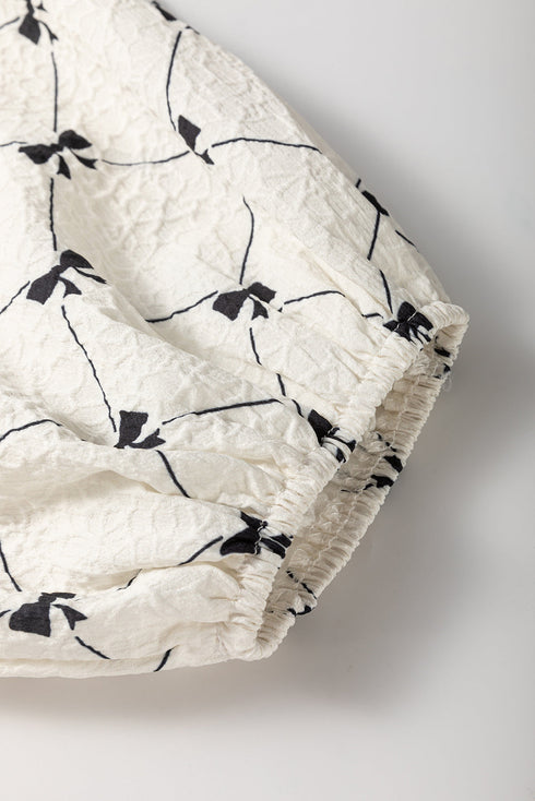 White Bowtie Pattern Textured Puff Half Sleeve Loose Mini Dress