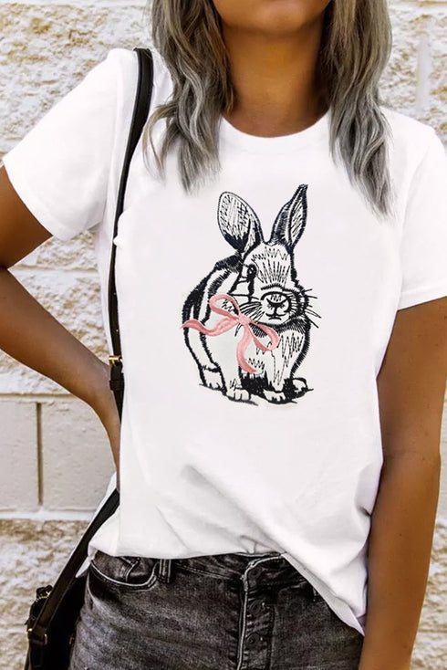 White Bunny Embroidered Bow Graphic Tee