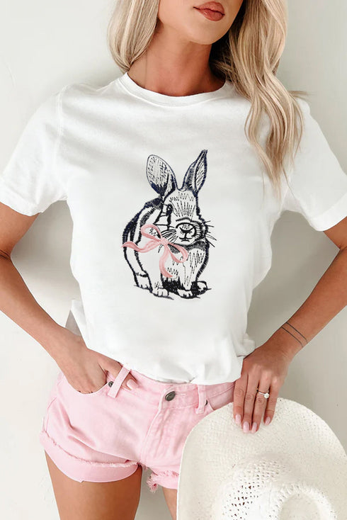 White Bunny Embroidered Bow Graphic Tee