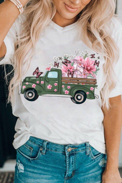 White Butterfly Floral Print Truck Print Crew Neck T Shirt
