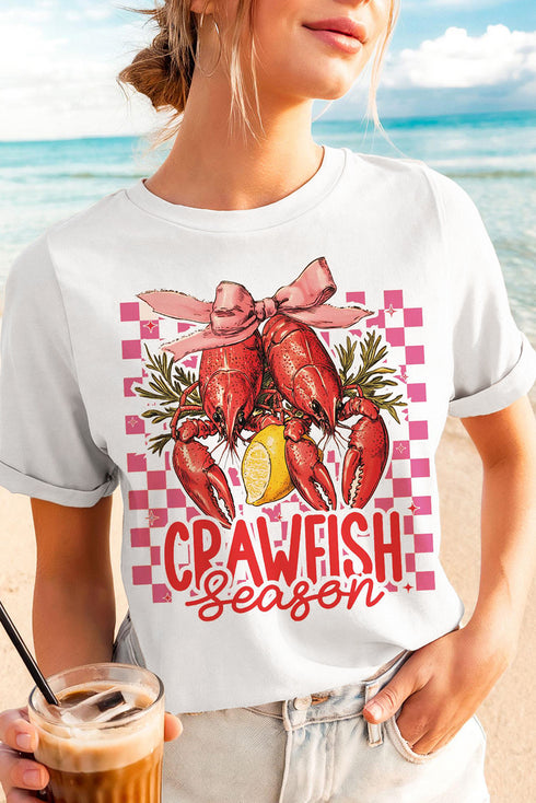 White Checkerboard Bow Crawfish Season Printed Crewneck T Shirt