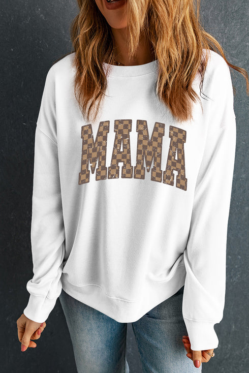 White Checkerboard MAMA Graphic Drop Shoulder Sweatshirt