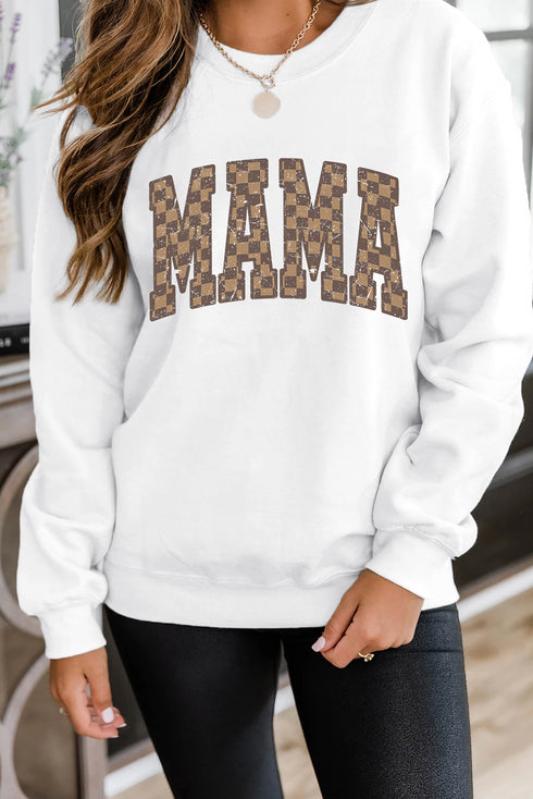 White Checkerboard MAMA Graphic Drop Shoulder Sweatshirt