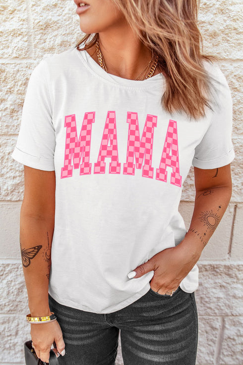 White Checkered MAMA Letter Graphic T Shirt