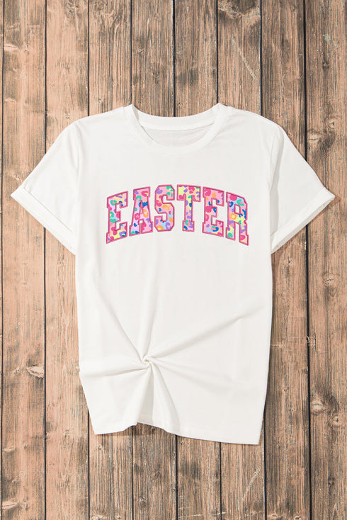 White Cheerful Leopard EASTER Letter Graphic Tee