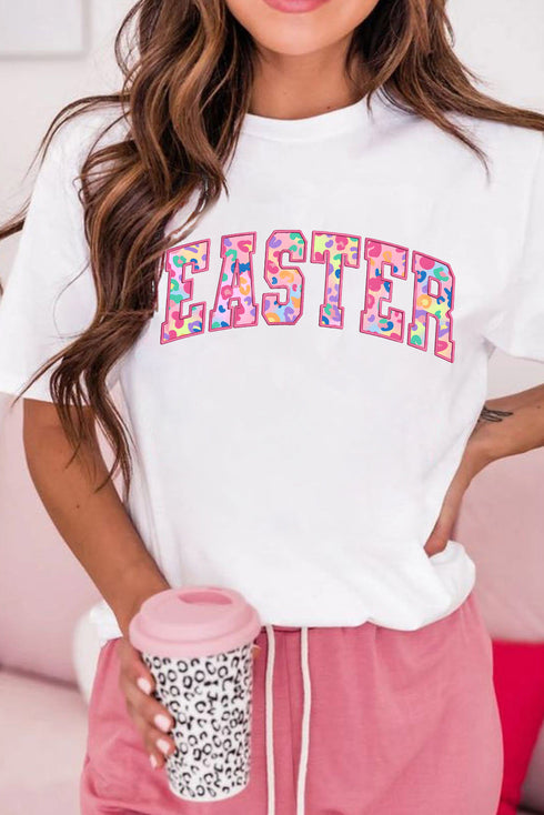 White Cheerful Leopard EASTER Letter Graphic Tee