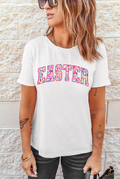 White Cheerful Leopard EASTER Letter Graphic Tee