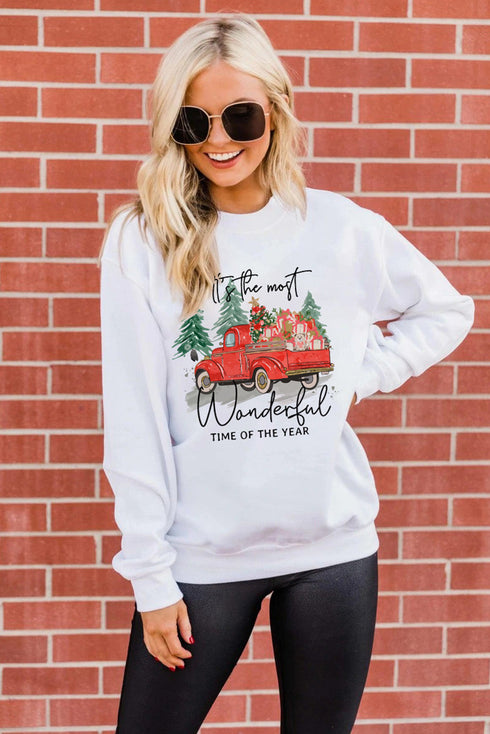 White Christmas Truck Letter Graphic Print Pullover Sweatshirt
