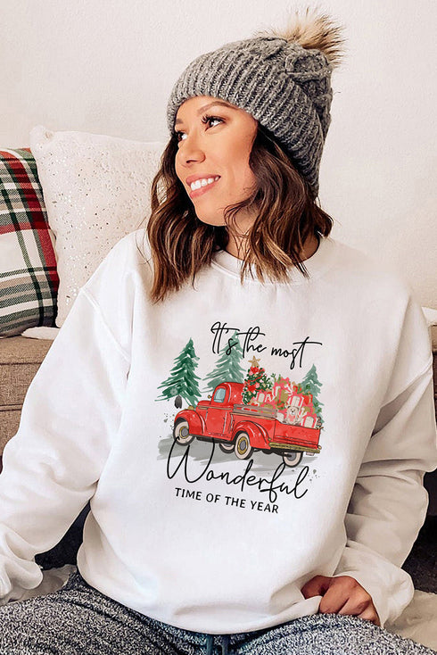White Christmas Truck Letter Graphic Print Pullover Sweatshirt