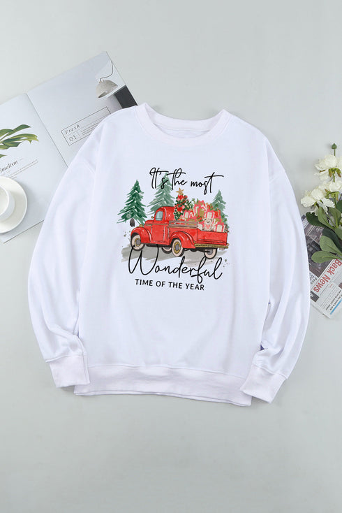 White Christmas Truck Letter Graphic Print Pullover Sweatshirt