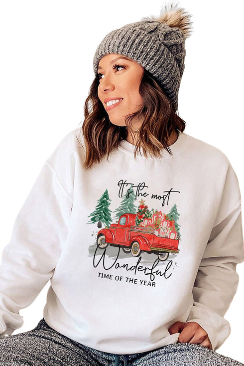 White Christmas Truck Letter Graphic Print Pullover Sweatshirt