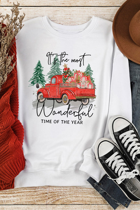 White Christmas Truck Letter Graphic Print Pullover Sweatshirt