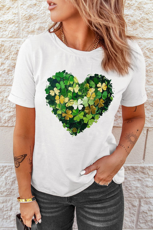 White Clover Heart Printed St Patricks Day T Shirt